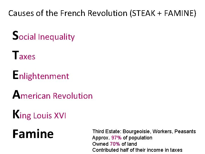 Causes of the French Revolution (STEAK + FAMINE) Social Inequality Taxes Enlightenment American Revolution