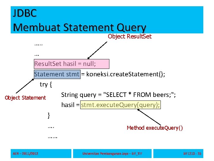 JDBC Membuat Statement Query Object Result. Set …. . … Result. Set hasil =