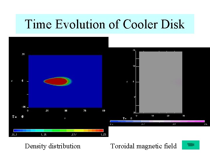 Time Evolution of Cooler Disk Density distribution Toroidal magnetic field 