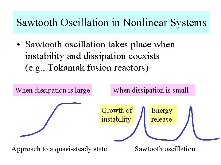 Sawtooth Oscillation in Nonlinear Systems • Sawtooth oscillation takes place when instability and dissipation