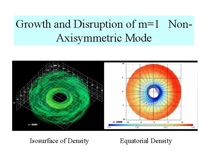 Growth and Disruption of m=1 Non. Axisymmetric Mode Isosurface of Density Equatorial Density 