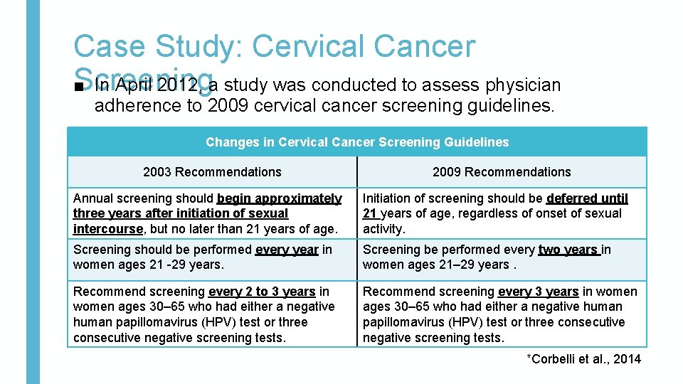 Case Study: Cervical Cancer Screening ■ In April 2012, a study was conducted to