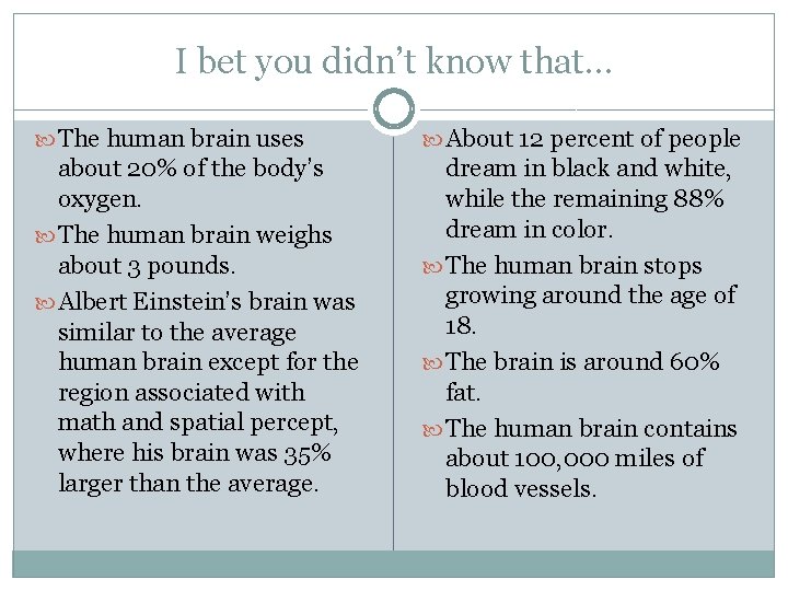 I bet you didn’t know that… The human brain uses About 12 percent of