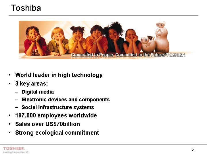 Toshiba • World leader in high technology • 3 key areas: – Digital media