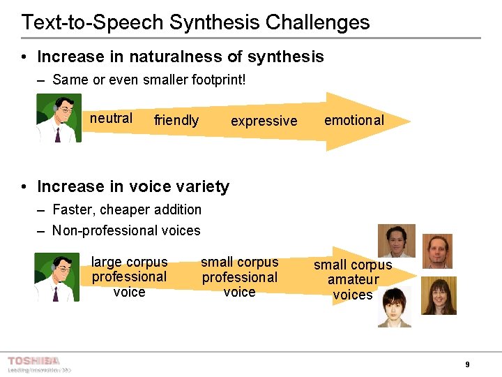 Text-to-Speech Synthesis Challenges • Increase in naturalness of synthesis – Same or even smaller