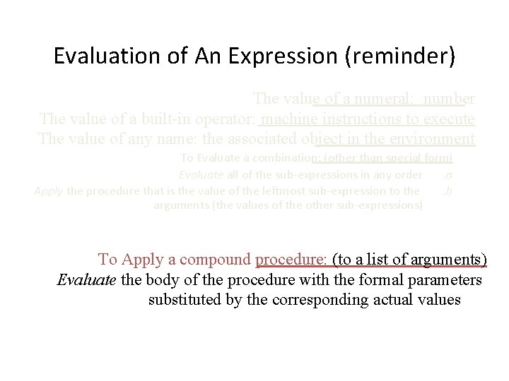 Evaluation of An Expression (reminder) The value of a numeral: number The value of