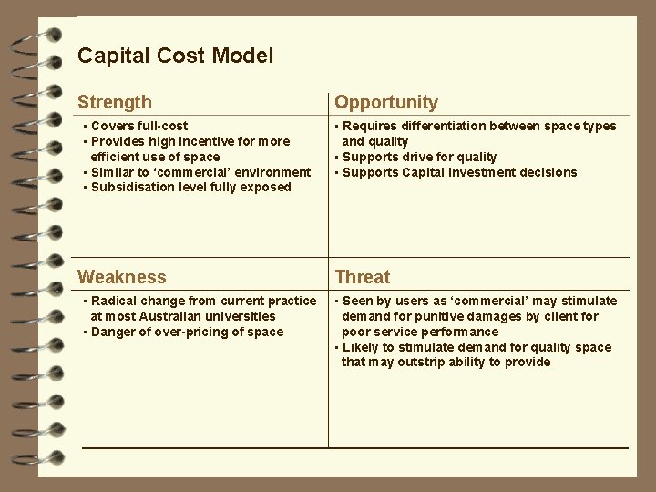 Capital Cost Model Strength • Covers full-cost • Provides high incentive for more efficient