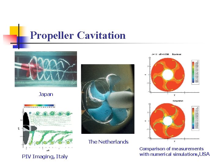 Propeller Cavitation Japan The Netherlands PIV Imaging, Italy Comparison of measurements with numerical simulations, Propeller Cavitation Japan The Netherlands PIV Imaging, Italy Comparison of measurements with numerical simulations,