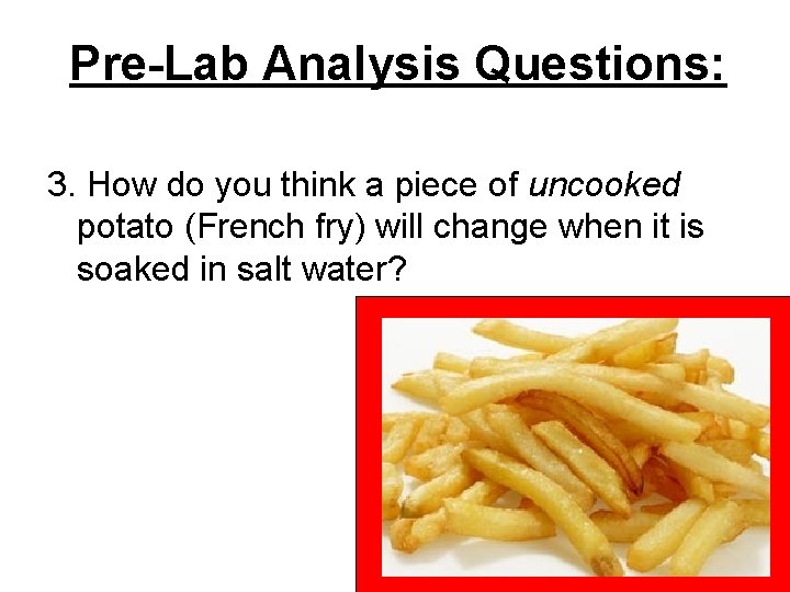 Pre-Lab Analysis Questions: 3. How do you think a piece of uncooked potato (French
