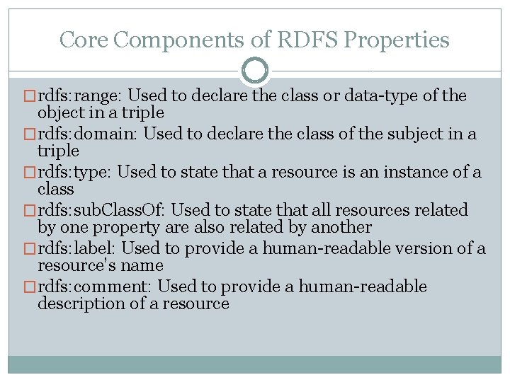 Core Components of RDFS Properties �rdfs: range: Used to declare the class or data-type Core Components of RDFS Properties �rdfs: range: Used to declare the class or data-type