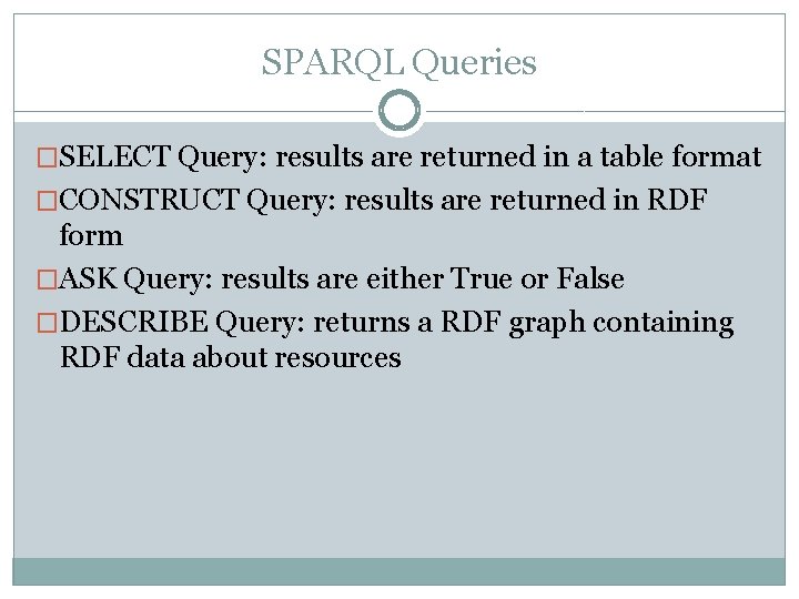 SPARQL Queries �SELECT Query: results are returned in a table format �CONSTRUCT Query: results SPARQL Queries �SELECT Query: results are returned in a table format �CONSTRUCT Query: results