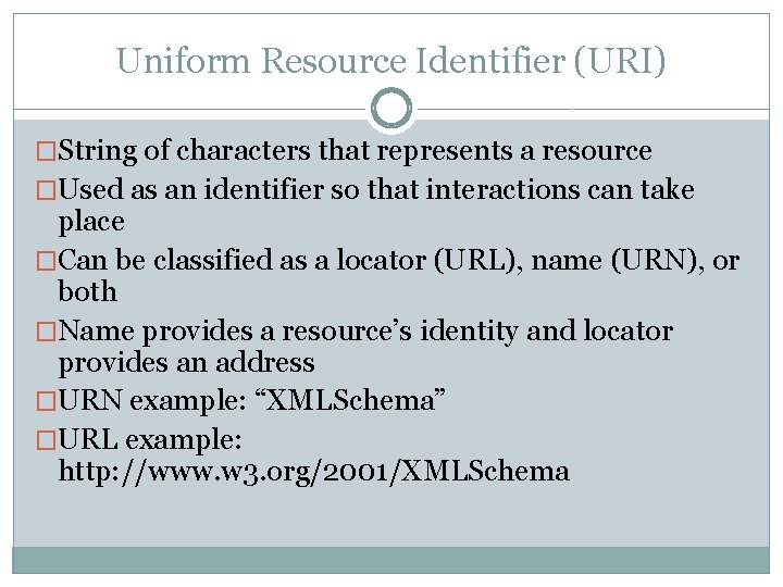 Uniform Resource Identifier (URI) �String of characters that represents a resource �Used as an Uniform Resource Identifier (URI) �String of characters that represents a resource �Used as an