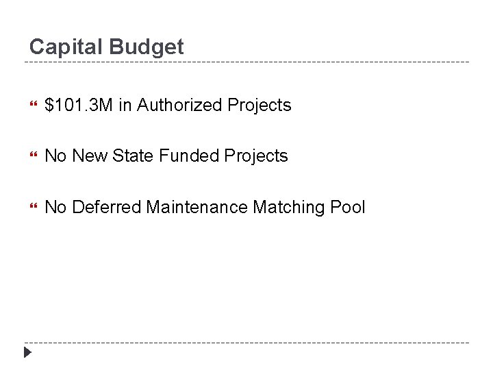 Capital Budget $101. 3 M in Authorized Projects No New State Funded Projects No