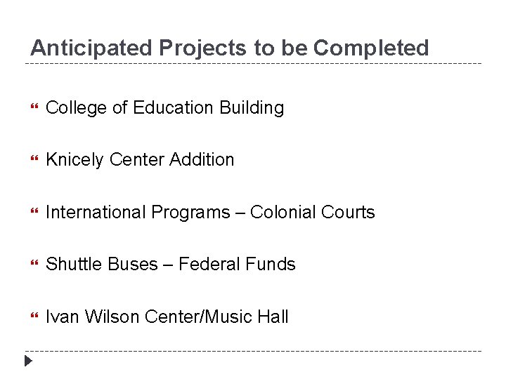 Anticipated Projects to be Completed College of Education Building Knicely Center Addition International Programs