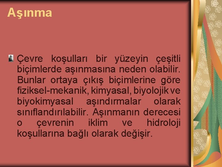 Aşınma Çevre koşulları bir yüzeyin çeşitli biçimlerde aşınmasına neden olabilir. Bunlar ortaya çıkış biçimlerine