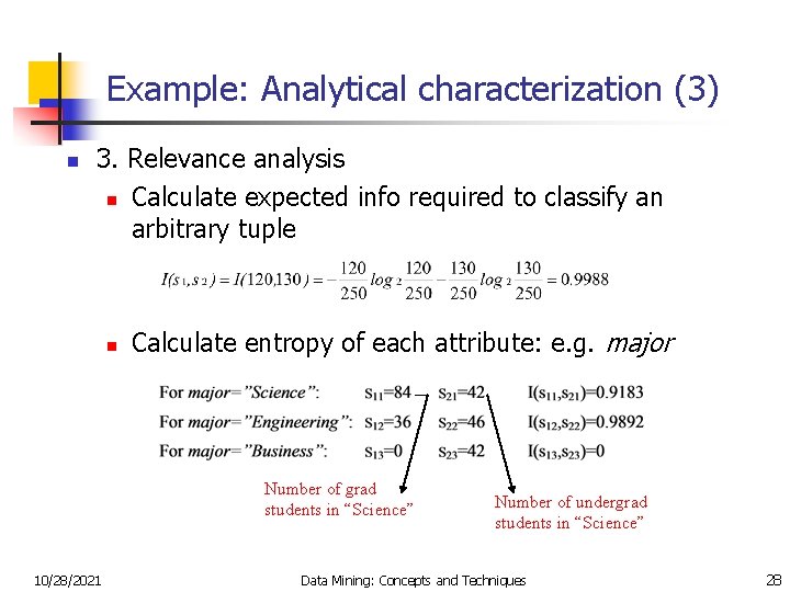 Example: Analytical characterization (3) n 3. Relevance analysis n Calculate expected info required to