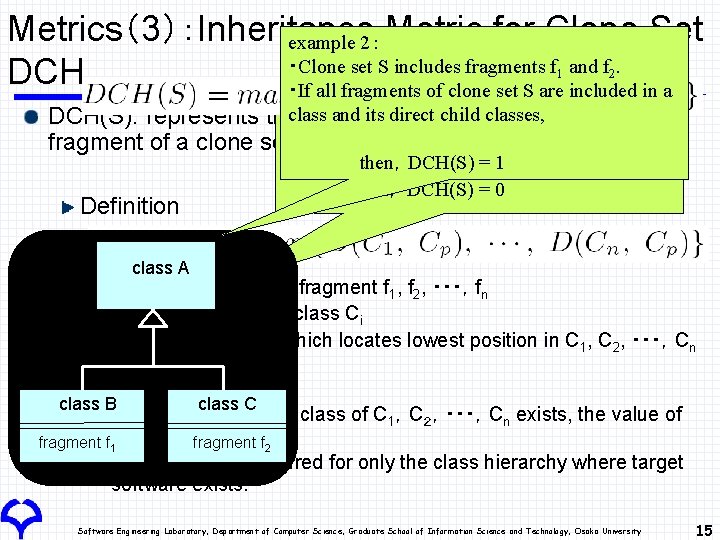 Metrics（3）：Inheritance example 2： Metric for Clone Set ・Clone set S includes fragments f and