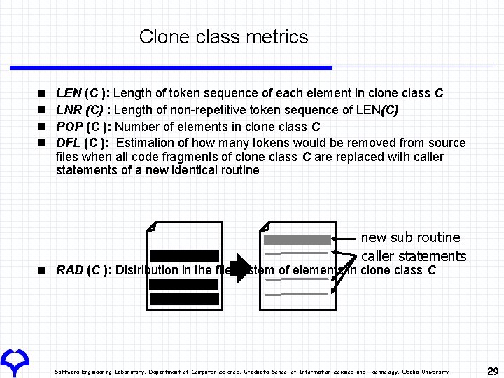 Clone class metrics n n LEN (C ): Length of token sequence of each