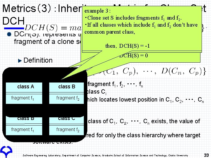Metrics（3）：Inheritance example 3： 2： Metric for Clone Set ・Clone set S S includes fragments