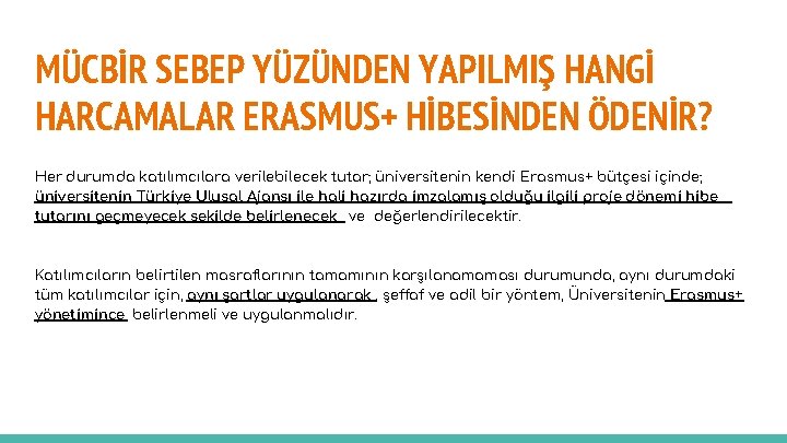 MÜCBİR SEBEP YÜZÜNDEN YAPILMIŞ HANGİ HARCAMALAR ERASMUS+ HİBESİNDEN ÖDENİR? Her durumda katılımcılara verilebilecek tutar;