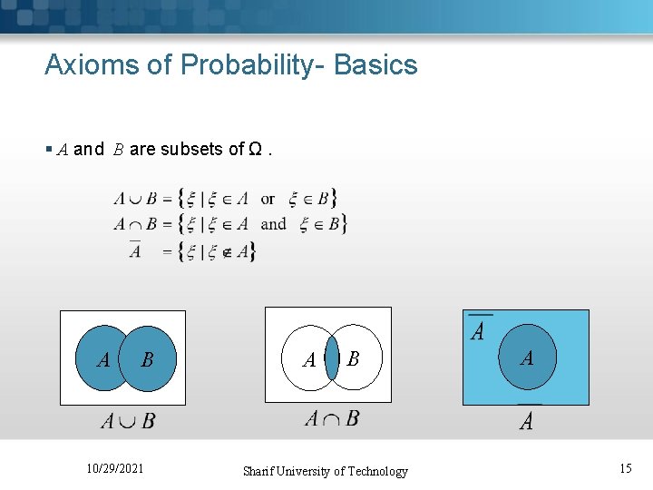 Axioms of Probability- Basics § A and B are subsets of Ω. A B