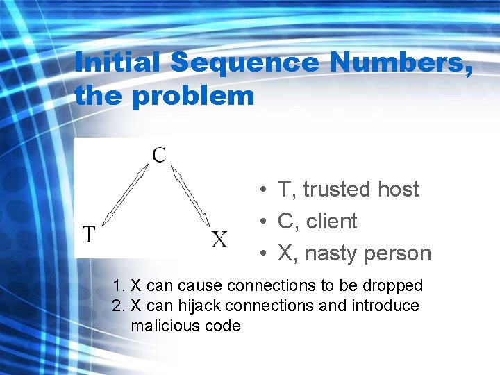 Initial Sequence Numbers, the problem • T, trusted host • C, client • X,