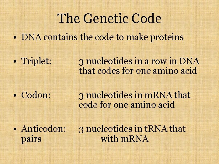 The Genetic Code • DNA contains the code to make proteins • Triplet: 3