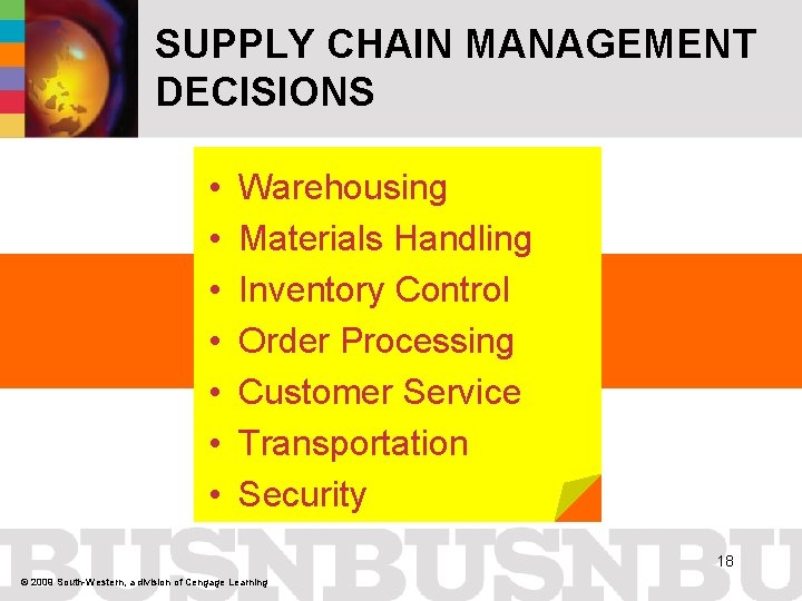 SUPPLY CHAIN MANAGEMENT DECISIONS • • Warehousing Materials Handling Inventory Control Order Processing Customer