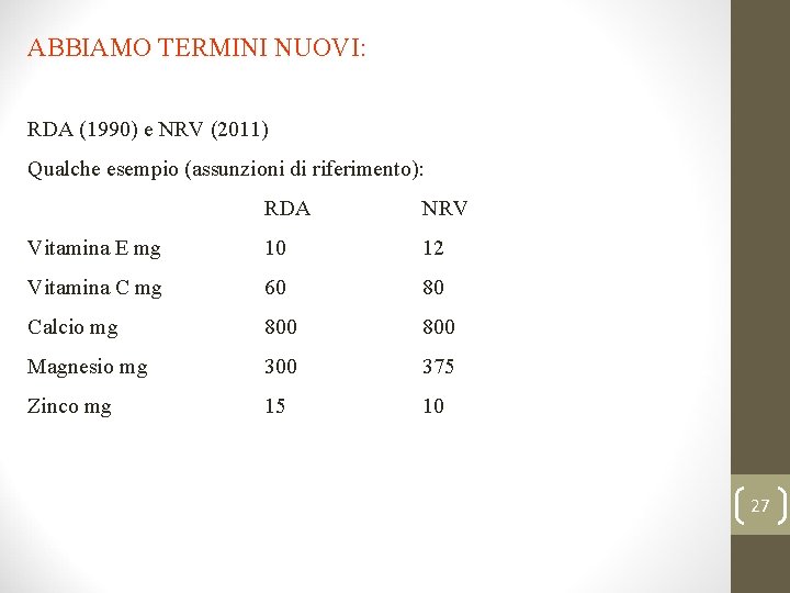 ABBIAMO TERMINI NUOVI: RDA (1990) e NRV (2011) Qualche esempio (assunzioni di riferimento): RDA