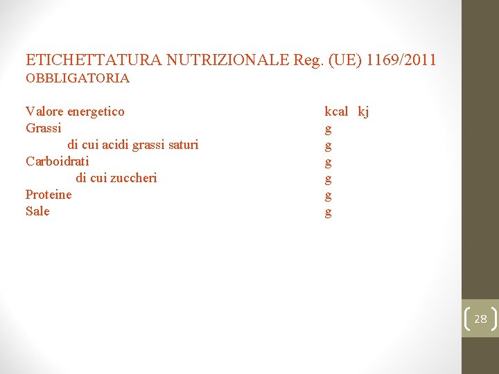 ETICHETTATURA NUTRIZIONALE Reg. (UE) 1169/2011 OBBLIGATORIA Valore energetico Grassi di cui acidi grassi saturi