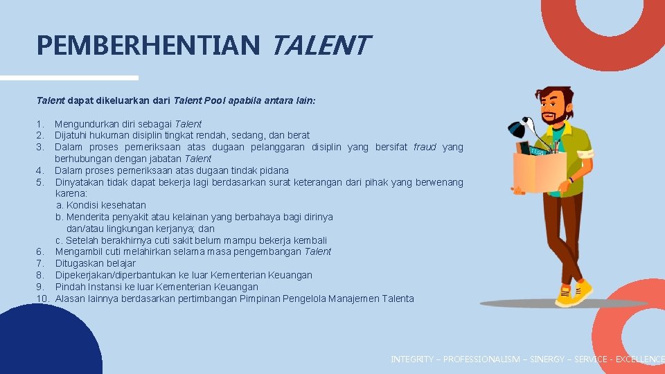 PEMBERHENTIAN TALENT Talent dapat dikeluarkan dari Talent Pool apabila antara lain: 1. 2. 3.