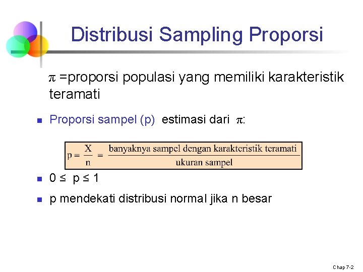 Distribusi Sampling Proporsi π =proporsi populasi yang memiliki karakteristik teramati n Proporsi sampel (p)
