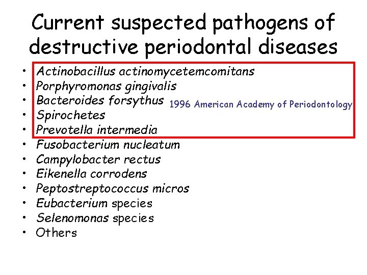 Current suspected pathogens of destructive periodontal diseases • • • Actinobacillus actinomycetemcomitans Porphyromonas gingivalis