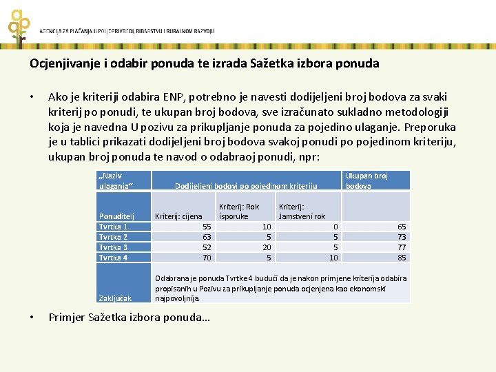 Ocjenjivanje i odabir ponuda te izrada Sažetka izbora ponuda • Ako je kriteriji odabira