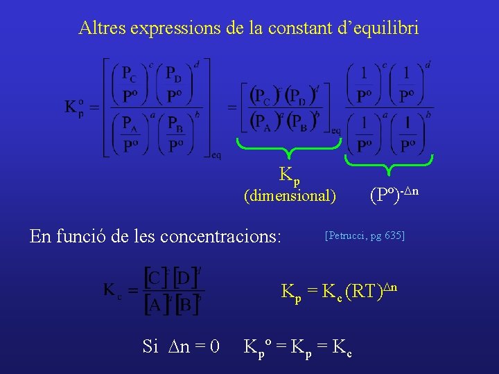 Altres expressions de la constant d’equilibri Kp (dimensional) En funció de les concentracions: (Pº)-Dn