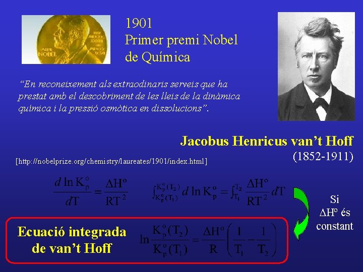 1901 Primer premi Nobel de Química “En reconeixement als extraodinaris serveis que ha prestat