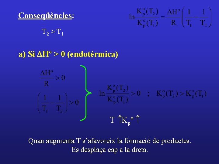 Conseqüències: T 2 > T 1 a) Si DHº > 0 (endotèrmica) T Kpº