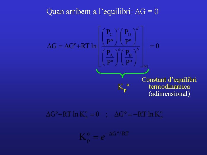 Quan arribem a l’equilibri: DG = 0 Kpº Constant d’equilibri termodinàmica (adimensional) 