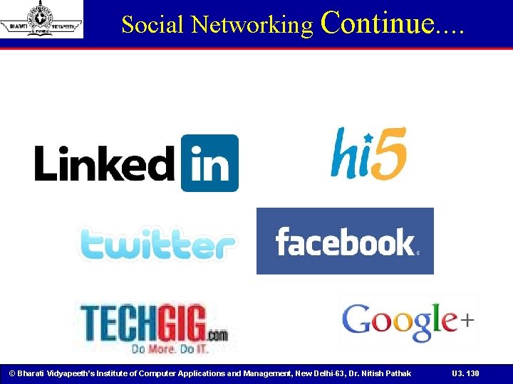 Social Networking Continue. . © Bharati Vidyapeeth’s Institute of Computer Applications and Management, New