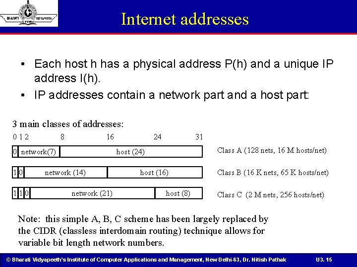 Internet addresses • Each host h has a physical address P(h) and a unique