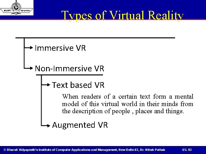 Types of Virtual Reality Immersive VR Non-Immersive VR Text based VR When readers of