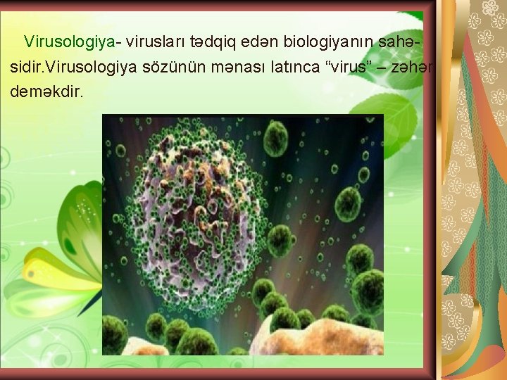 Virusologiya- virusları tədqiq edən biologiyanın sahəsidir. Virusologiya sözünün mənası latınca “virus” – zəhər deməkdir.