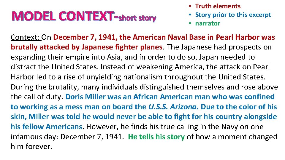 MODEL CONTEXT-short story • Truth elements • Story prior to this excerpt • narrator