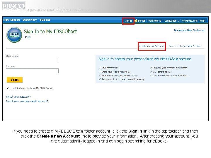 If you need to create a My EBSCOhost folder account, click the Sign In