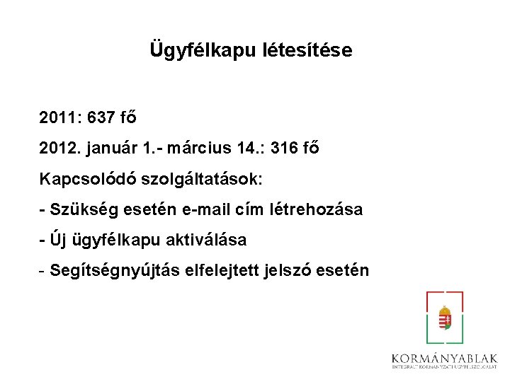 Ügyfélkapu létesítése 2011: 637 fő 2012. január 1. - március 14. : 316 fő