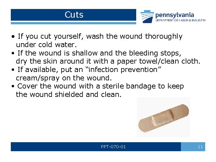 Cuts • If you cut yourself, wash the wound thoroughly under cold water. • Cuts • If you cut yourself, wash the wound thoroughly under cold water. •