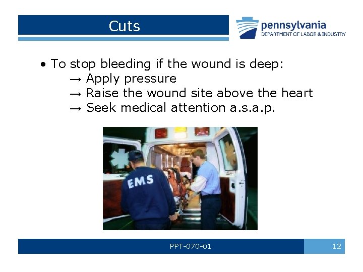 Cuts • To stop bleeding if the wound is deep: → Apply pressure → Cuts • To stop bleeding if the wound is deep: → Apply pressure →