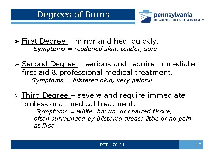 Degrees of Burns Ø First Degree – minor and heal quickly. Symptoms = reddened Degrees of Burns Ø First Degree – minor and heal quickly. Symptoms = reddened