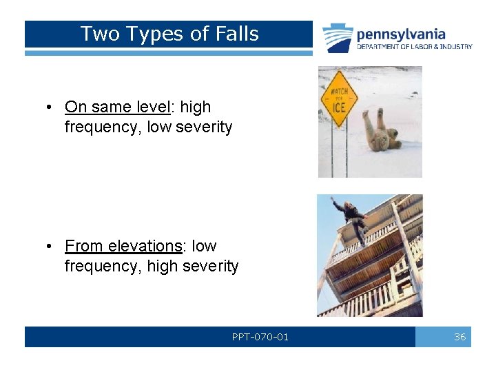 Two Types of Falls • On same level: high frequency, low severity • From Two Types of Falls • On same level: high frequency, low severity • From