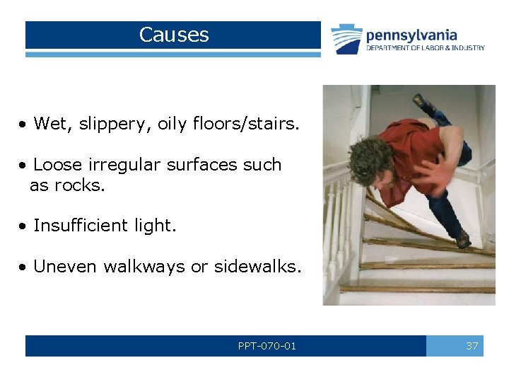 Causes • Wet, slippery, oily floors/stairs. • Loose irregular surfaces such as rocks. • Causes • Wet, slippery, oily floors/stairs. • Loose irregular surfaces such as rocks. •